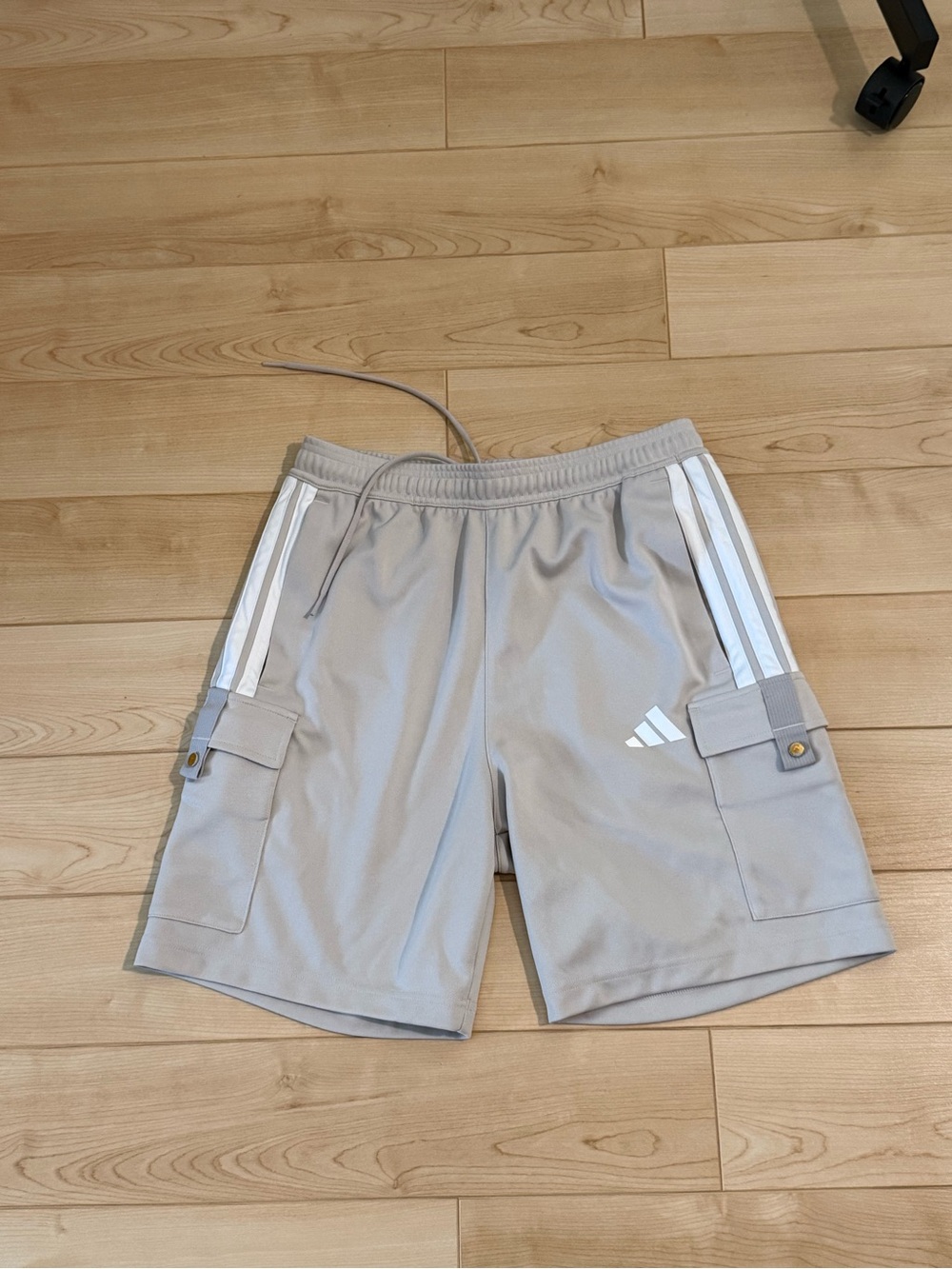 adidas Men’s Light Beige Athletic Cargo Shorts with White Stripes